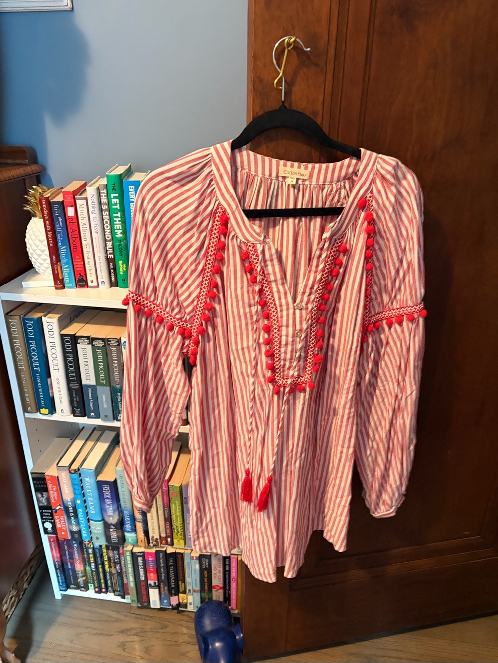 Embroidered Red-Striped Boho Tunic with Tassel Detail